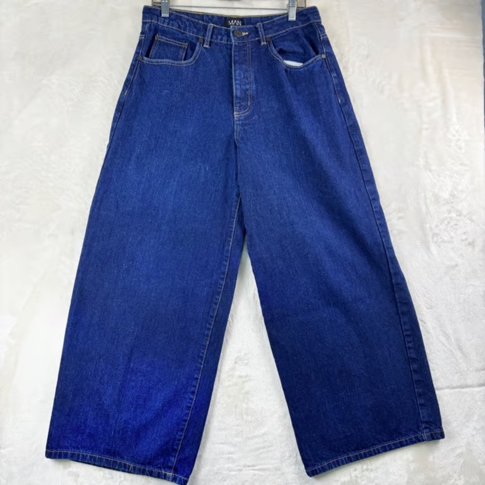 BoohooMAN Mens Wide Leg Jeans Size 30 Dark Wash Blue Baggy Streetwear Button Fly